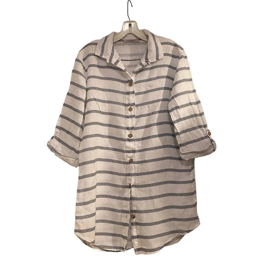 Viola Borghi Made in Italy Striped Button Down Linen Tunic Top